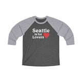 Seattle is for Lovers 3/4 Raglan Tee with heart design, perfect for fans of Seattle and its iconic charm.