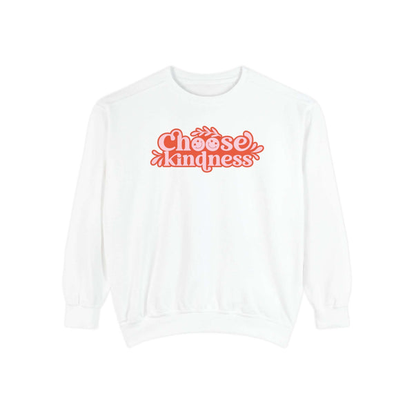 Choose Kindness Sweatshirt featuring vintage-inspired artwork on a cozy white fabric.
