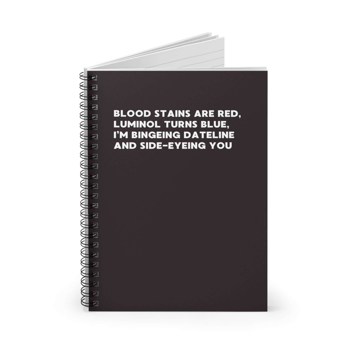 Blood Stains Are Red spiral notebook, perfect for true crime lovers to jot down notes and plot twists.