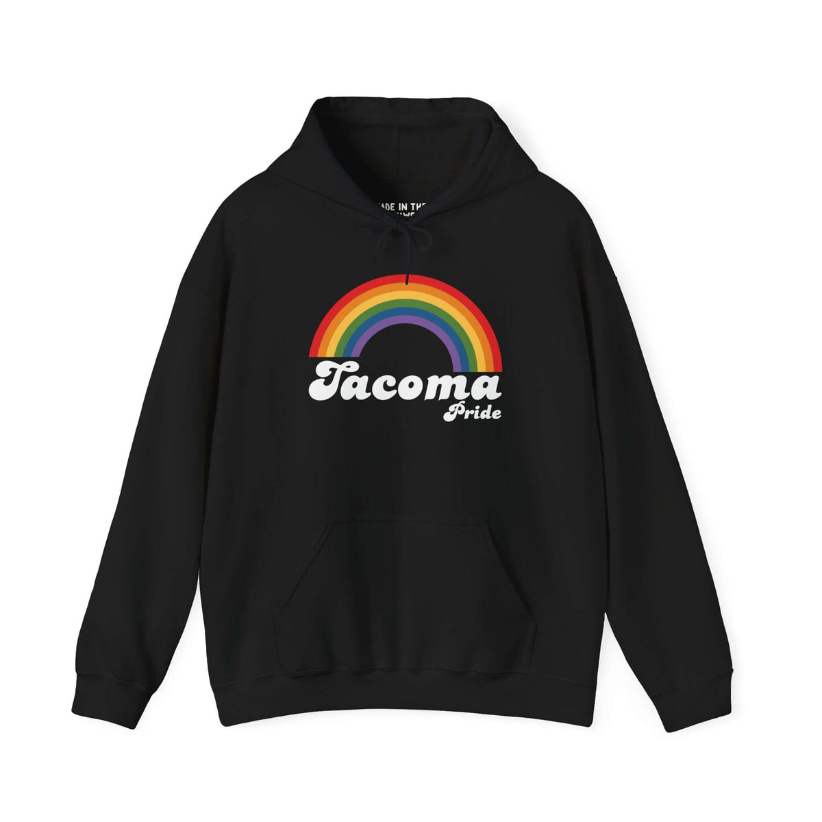 Black hoodie with rainbow design and 'Tacoma Pride' text, celebrating LGBTQ+ community and diversity.