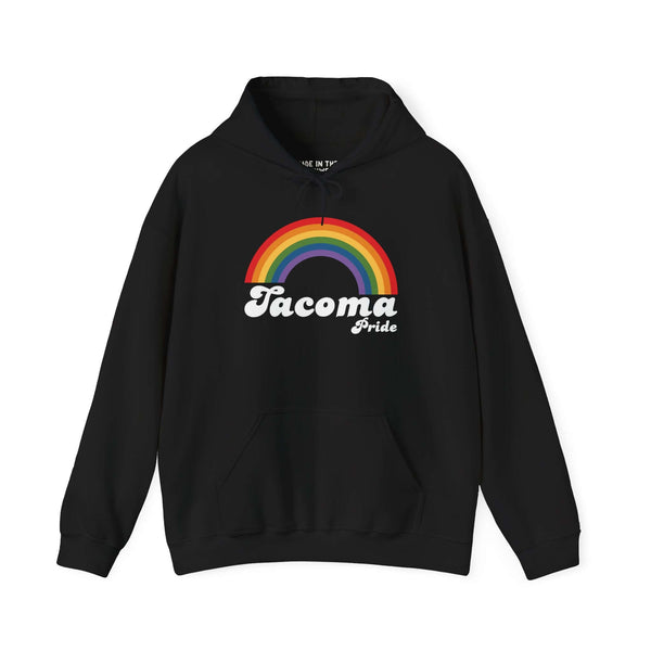 Black hoodie with rainbow design and 'Tacoma Pride' text, celebrating LGBTQ+ community and diversity.