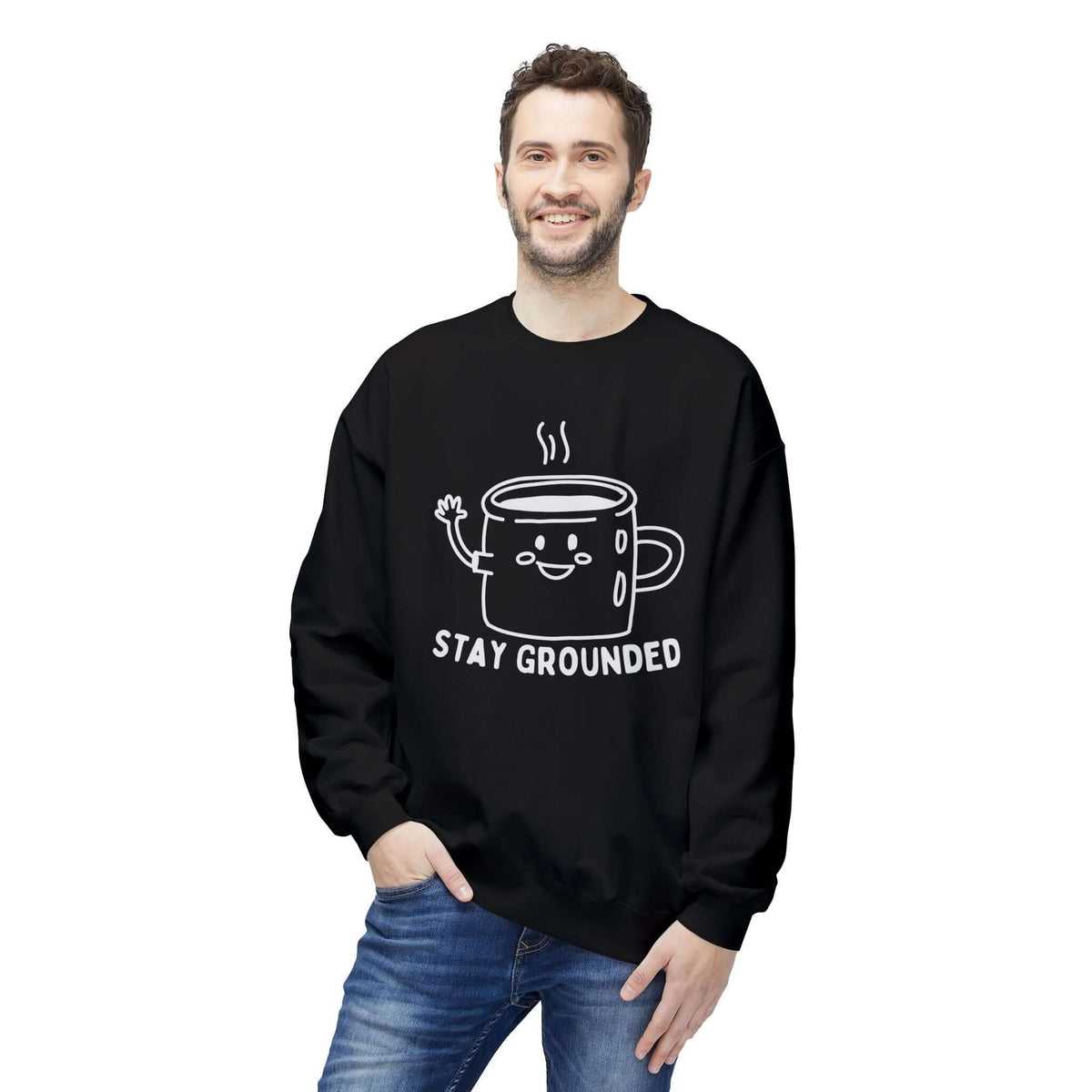 Stay Grounded Sweatshirt – Cozy Minimalist Coffee Crewneck featuring playful mug design and smiling character.