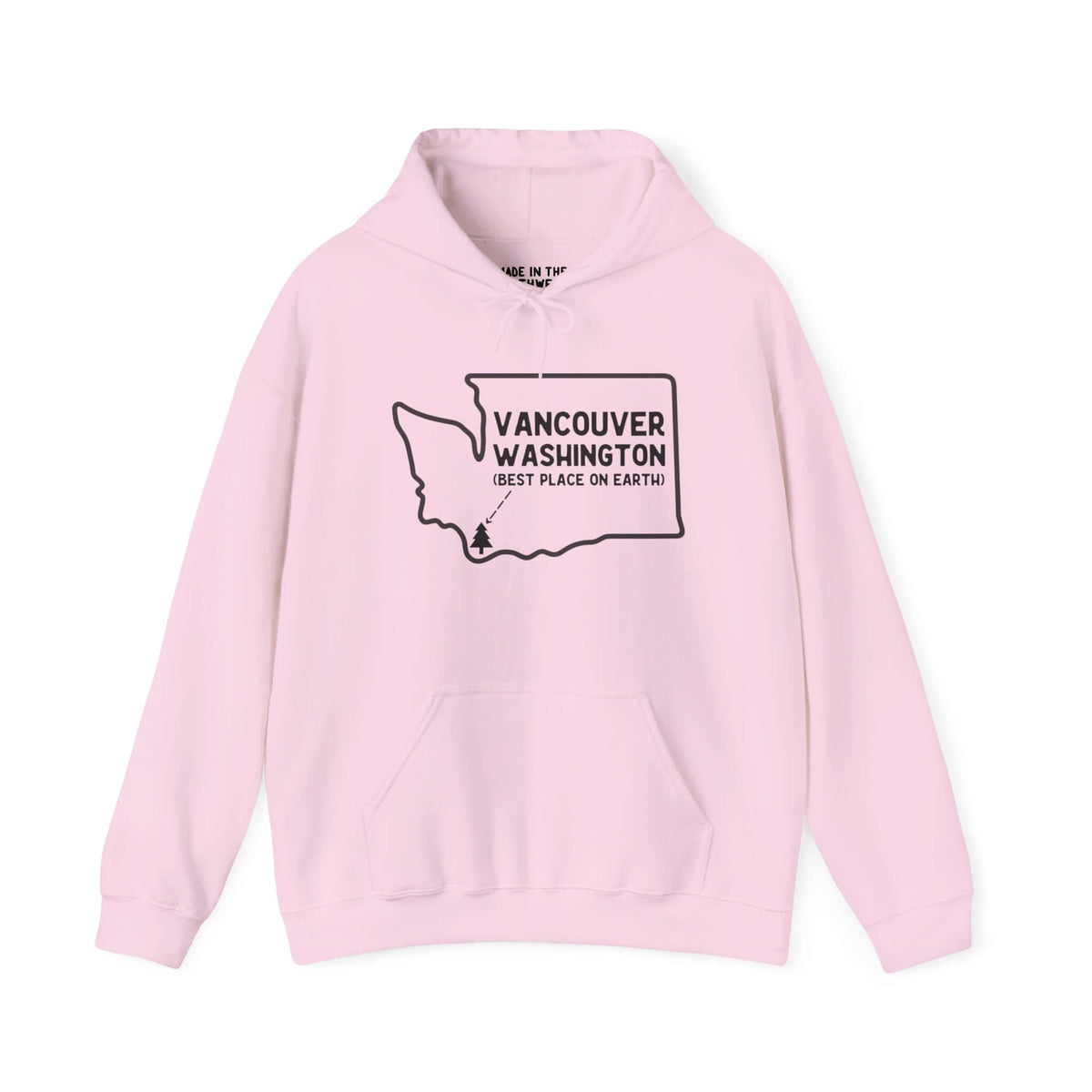 Pink hoodie with Vancouver Washington graphic and "Best Place on Earth" text, showcasing hometown pride and PNW style.