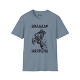 Braaaap Happens motocross t-shirt in blue with rider and dirt graphic, perfect for motorcycle enthusiasts.