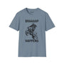 Braaaap Happens motocross t-shirt in blue with rider and dirt graphic, perfect for motorcycle enthusiasts.