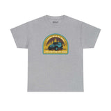 Gray athletic tee with Jeep and forest design, text 