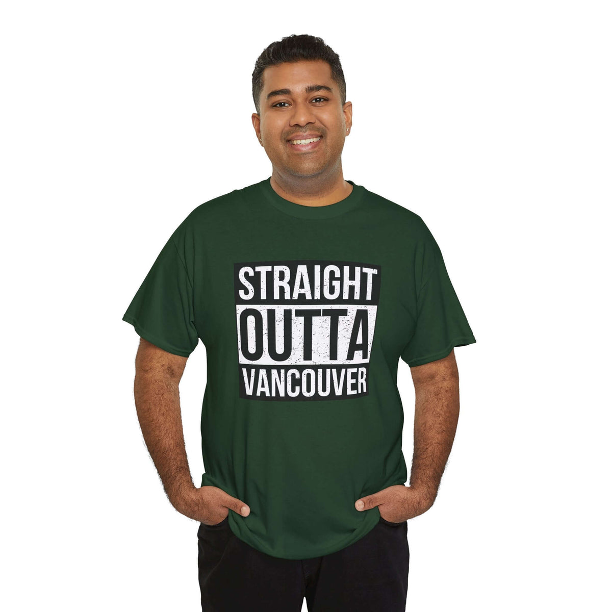 Man wearing a green 'Straight Outta Vancouver' athletic tee, showcasing local pride and streetwear style.