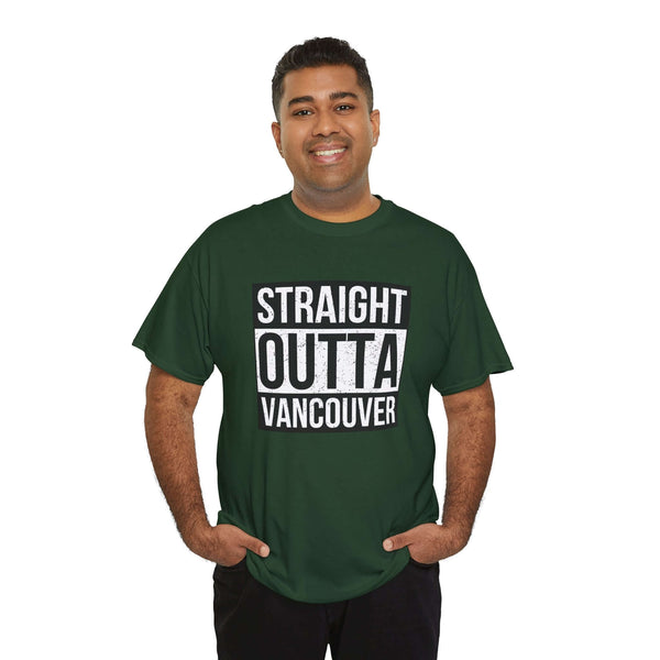 Man wearing a green 'Straight Outta Vancouver' athletic tee, showcasing local pride and streetwear style.
