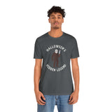 Halloween's Hidden Legend Bigfoot tee featuring Sasquatch dressed as Jason with a knife for spooky season.