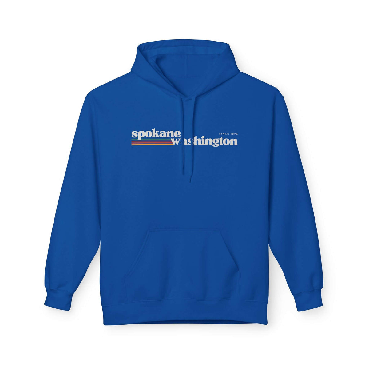 Retro Spokane Hoodie in blue with Spokane Washington graphic and warm retro stripes for minimalist style.