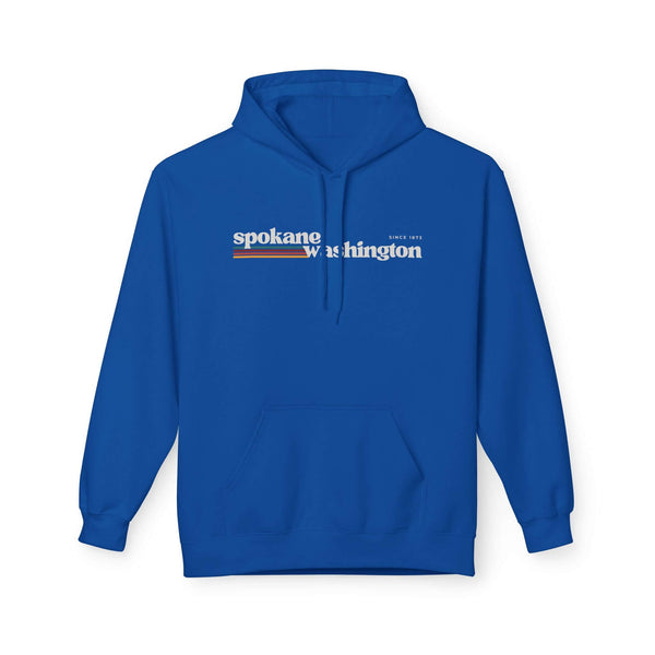 Retro Spokane Hoodie in blue with Spokane Washington graphic and warm retro stripes for minimalist style.