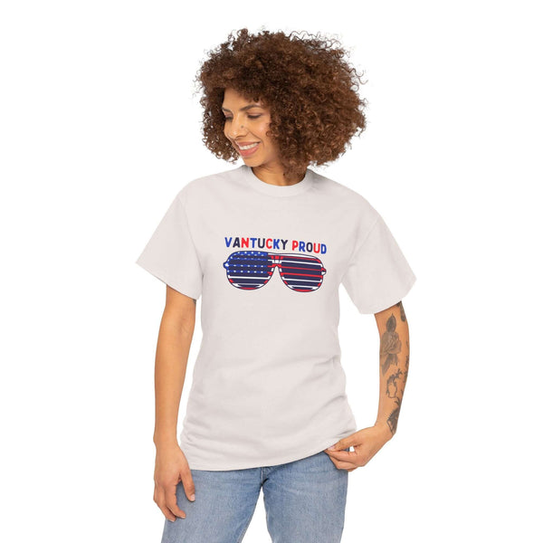 Model wearing Shades of Vantucky Proud Athletic Tee with American flag sunglasses design.