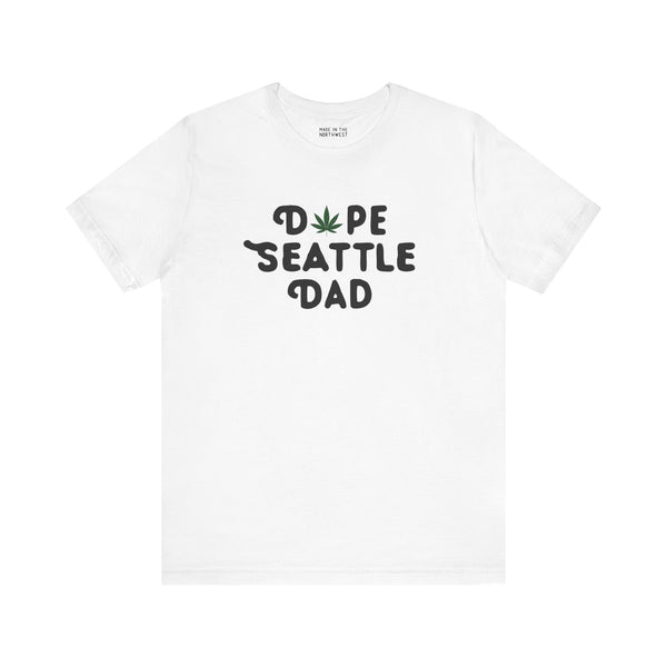 White Dope Seattle Dad premium soft tee with marijuana leaf in the logo, perfect for stylish dads in Washington.