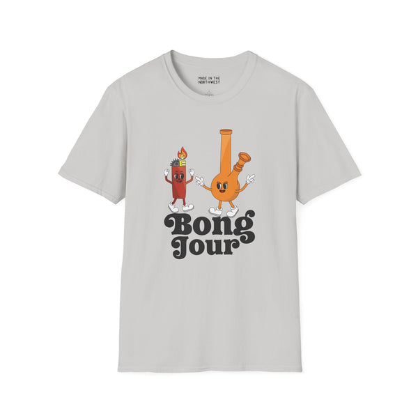 Playful Bong Jour Softstyle T-Shirt featuring a friendly bong and lighter, perfect for cannabis lovers.