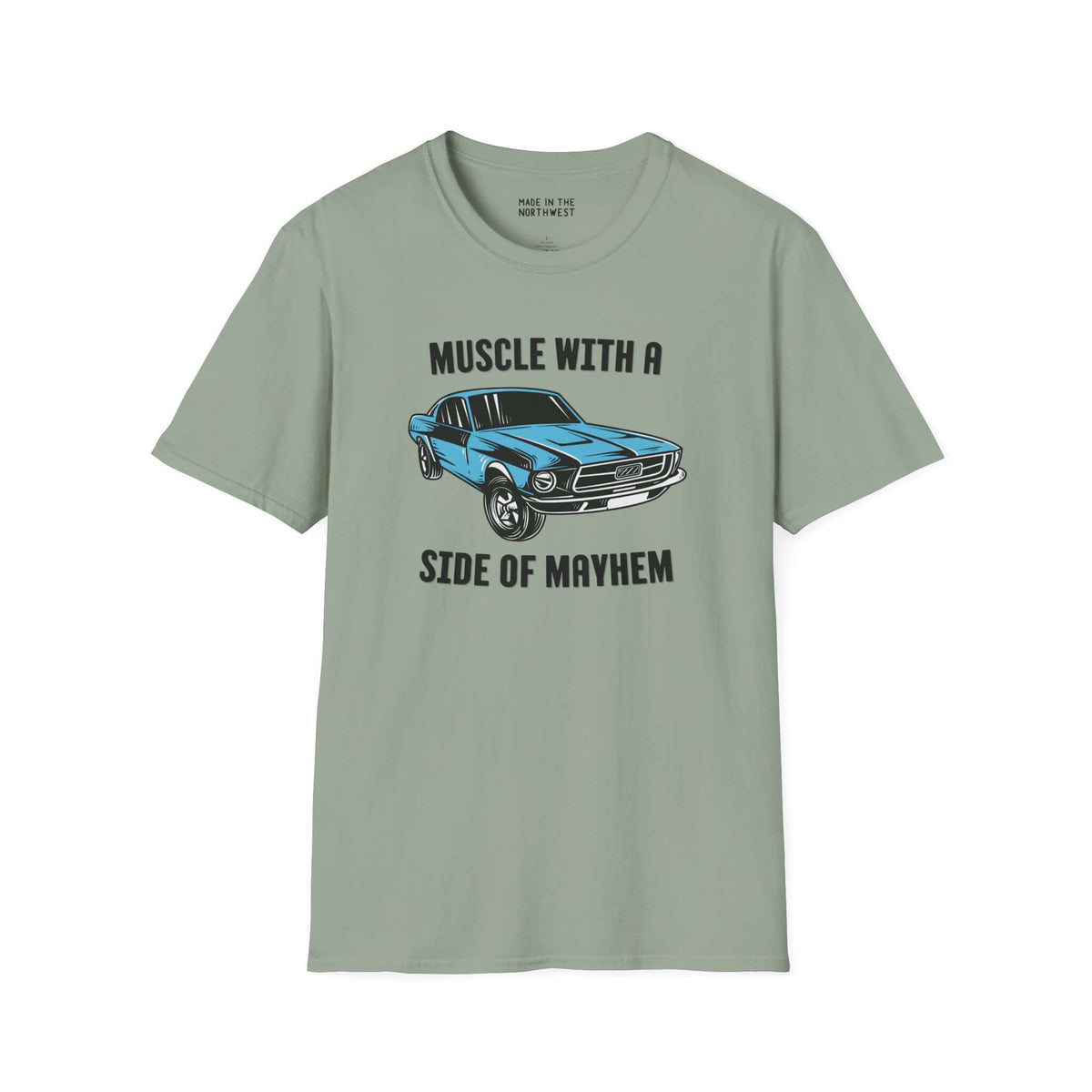 Muscle Car with a Side of Mayhem Softstyle T-Shirt featuring a 1967 Ford Mustang GT Fastback graphic.
