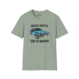 Muscle Car with a Side of Mayhem Softstyle T-Shirt featuring a 1967 Ford Mustang GT Fastback graphic.