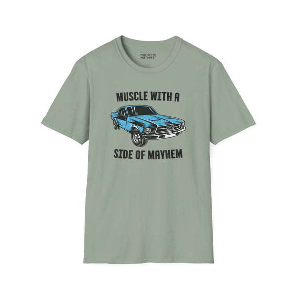 Muscle Car with a Side of Mayhem Softstyle T-Shirt featuring a 1967 Ford Mustang GT Fastback graphic.
