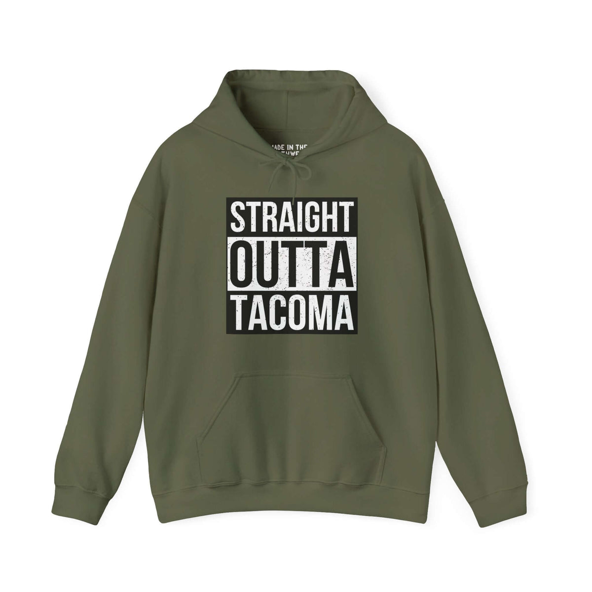 Green "Straight Outta Tacoma" hoodie with bold city pride streetwear design.