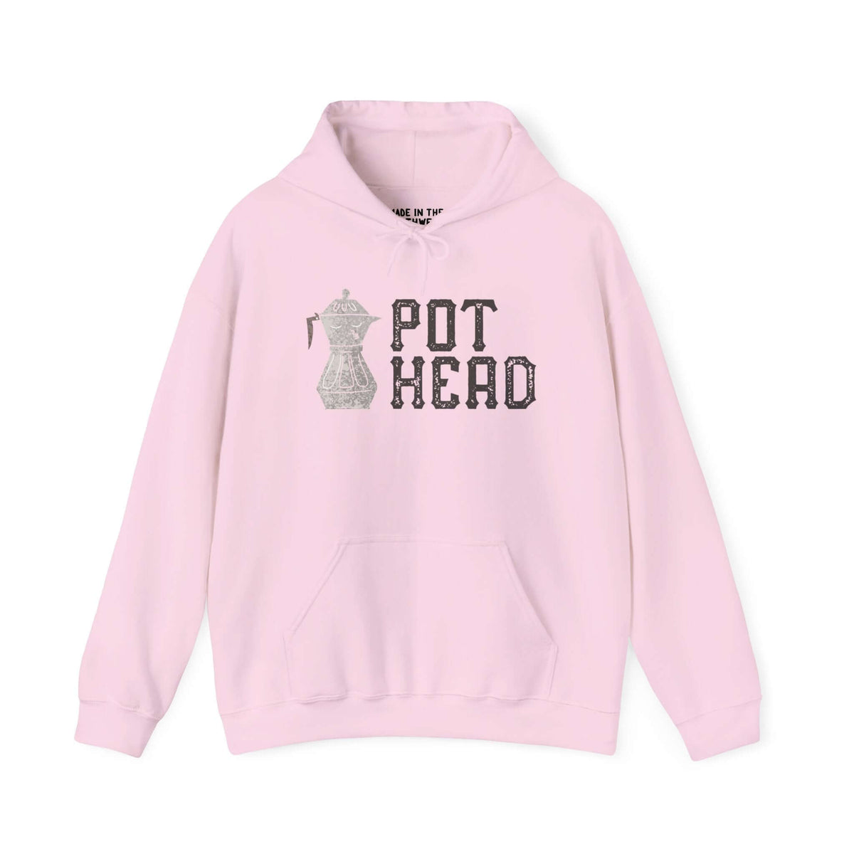 Pink hoodie featuring a stylish Moka pot graphic and "Pot Head" phrase, perfect for coffee lovers and espresso enthusiasts.