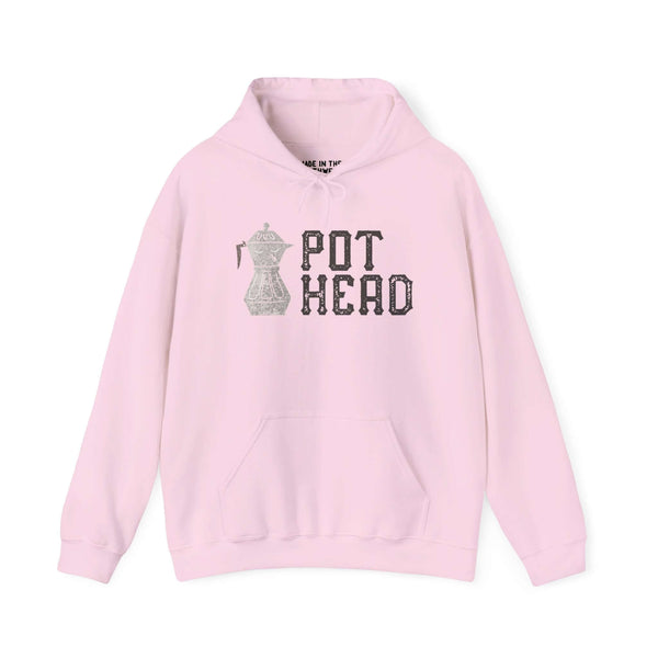 Pink hoodie featuring a stylish Moka pot graphic and "Pot Head" phrase, perfect for coffee lovers and espresso enthusiasts.