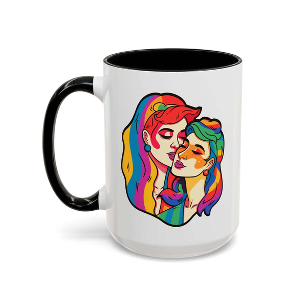 Pride Lesbian Couple Mug showcasing colorful art of two women in a tender moment on a glossy white ceramic mug.