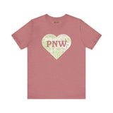 PNW Explorer's Heart Soft Tee with topo map heart design featuring 