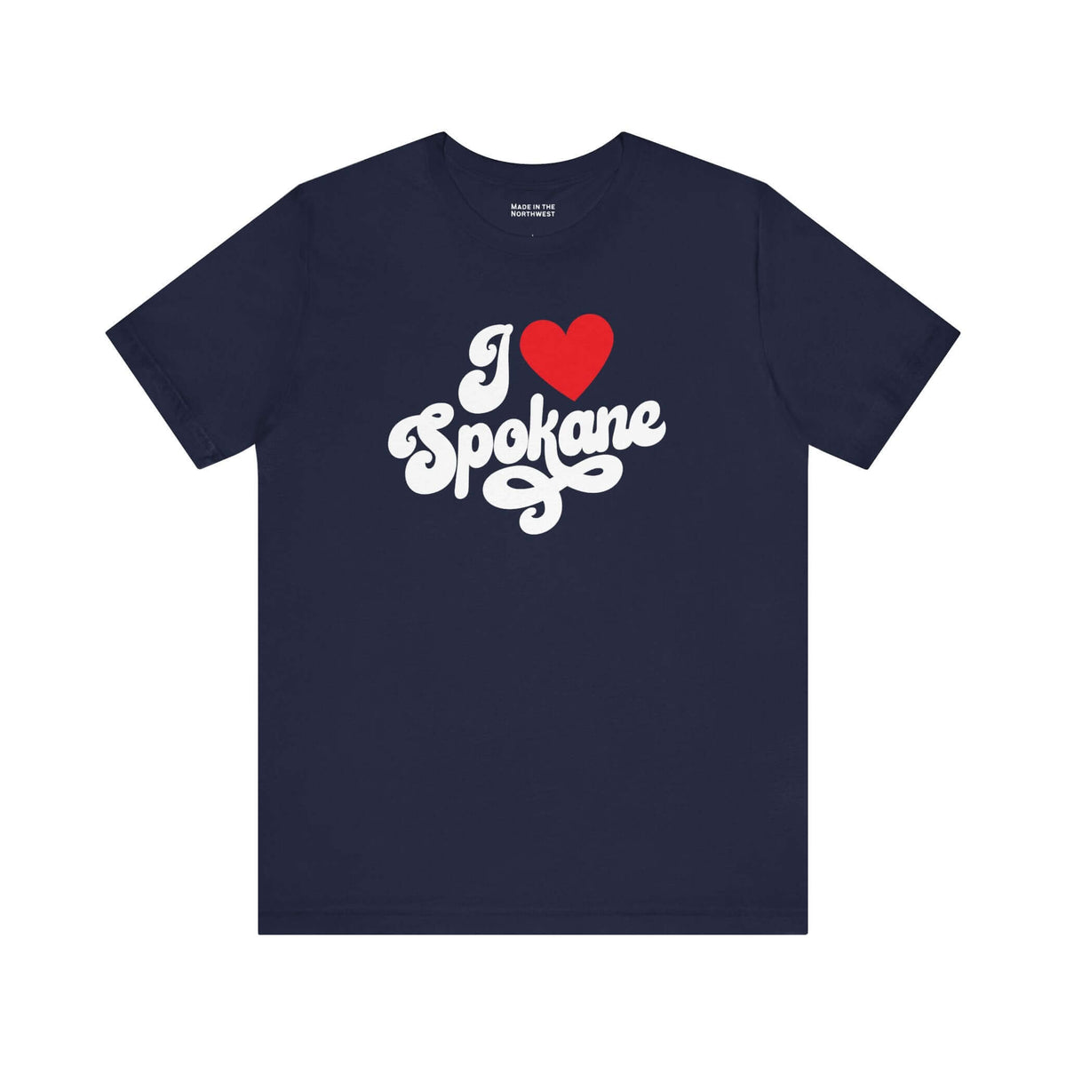 I love Spokane t shirt featuring cursive design on navy background, perfect for expressing hometown pride.
