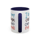 I Run on Caffeine, Chaos and Cuss Words Mug with colorful print and navy interior.