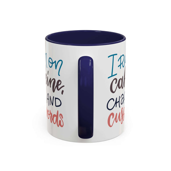 I Run on Caffeine, Chaos and Cuss Words Mug with colorful print and navy interior.