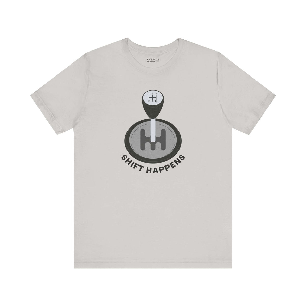 Shift Happens T Shirt showcasing a manual gearshift design, perfect for car enthusiasts and lovers of car culture.