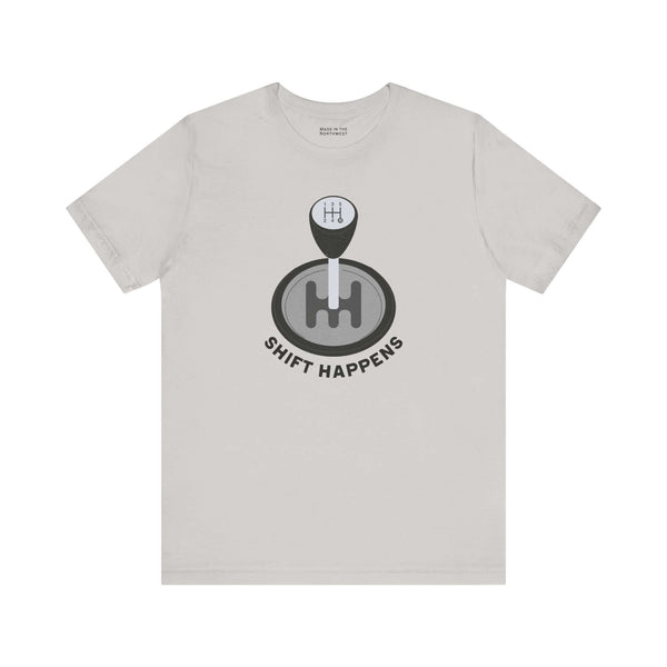 Shift Happens T Shirt showcasing a manual gearshift design, perfect for car enthusiasts and lovers of car culture.
