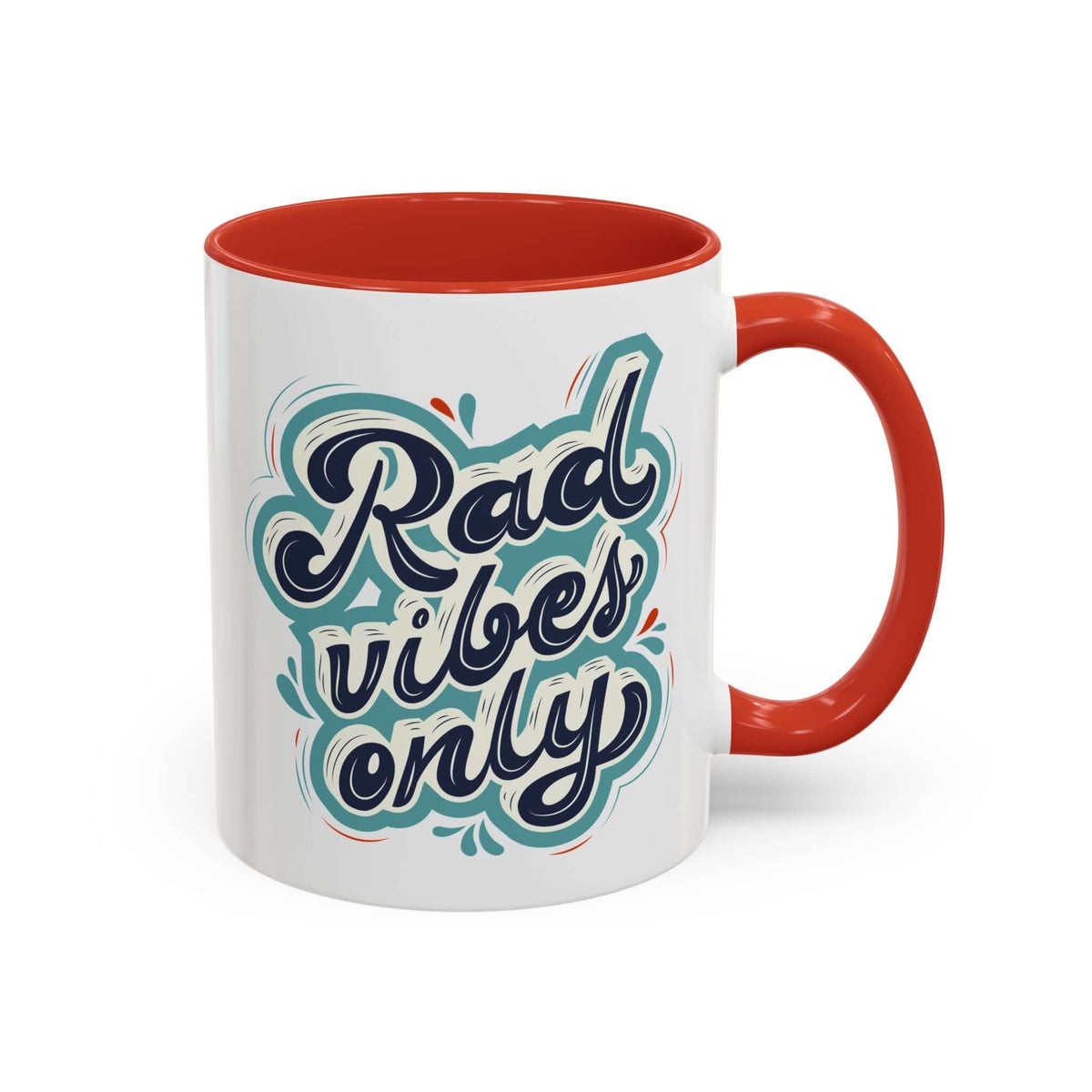 Rad Vibes Only Mug with red interior and handle, featuring playful lettering that brings sass to your morning coffee.