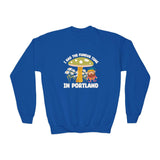 Blue kids sweatshirt featuring mushroom and gnome design, saying 'I Had the Fungus Time in Portland'.