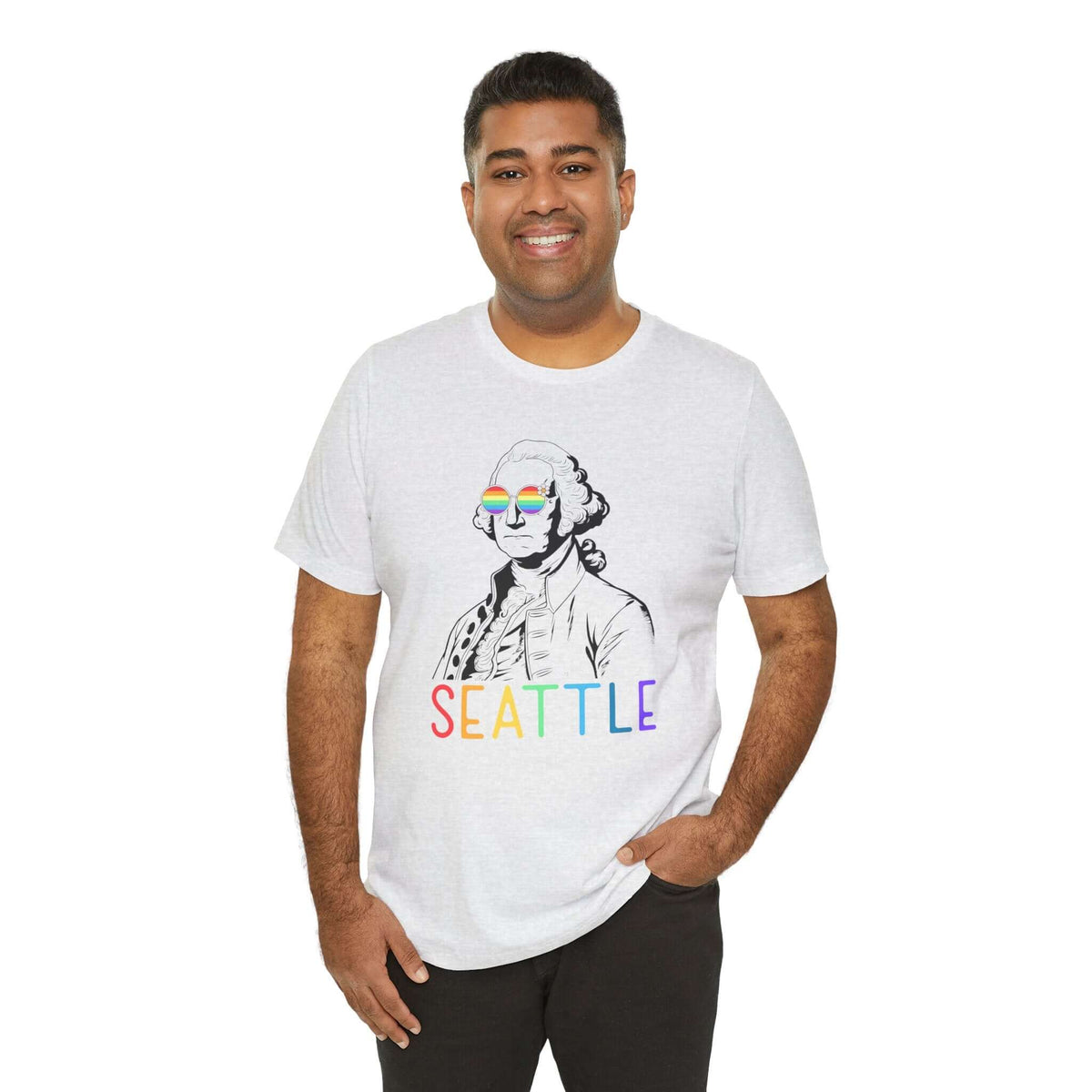 Man wearing George's Rainbow Vision Seattle tee with rainbow Seattle lettering and George Washington in rainbow glasses.