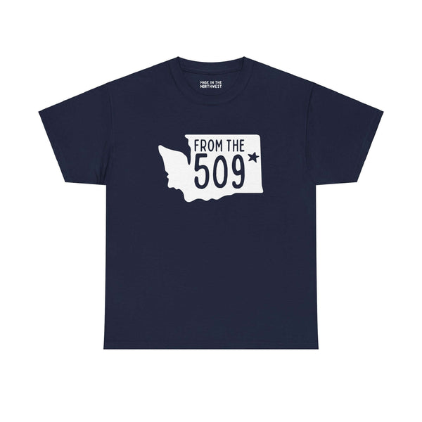 "From the 509 tee featuring Washington state silhouette and Spokane star, ideal for showcasing local pride and area code 509."