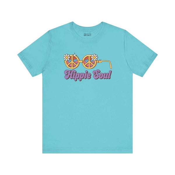 Hippie Soul retro peace tee with flower glasses design on a blue shirt, perfect for free spirits and vintage lovers.