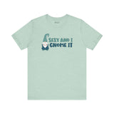 Soft mint tee featuring the phrase Sexy and I Gnome It with a playful gnome illustration.