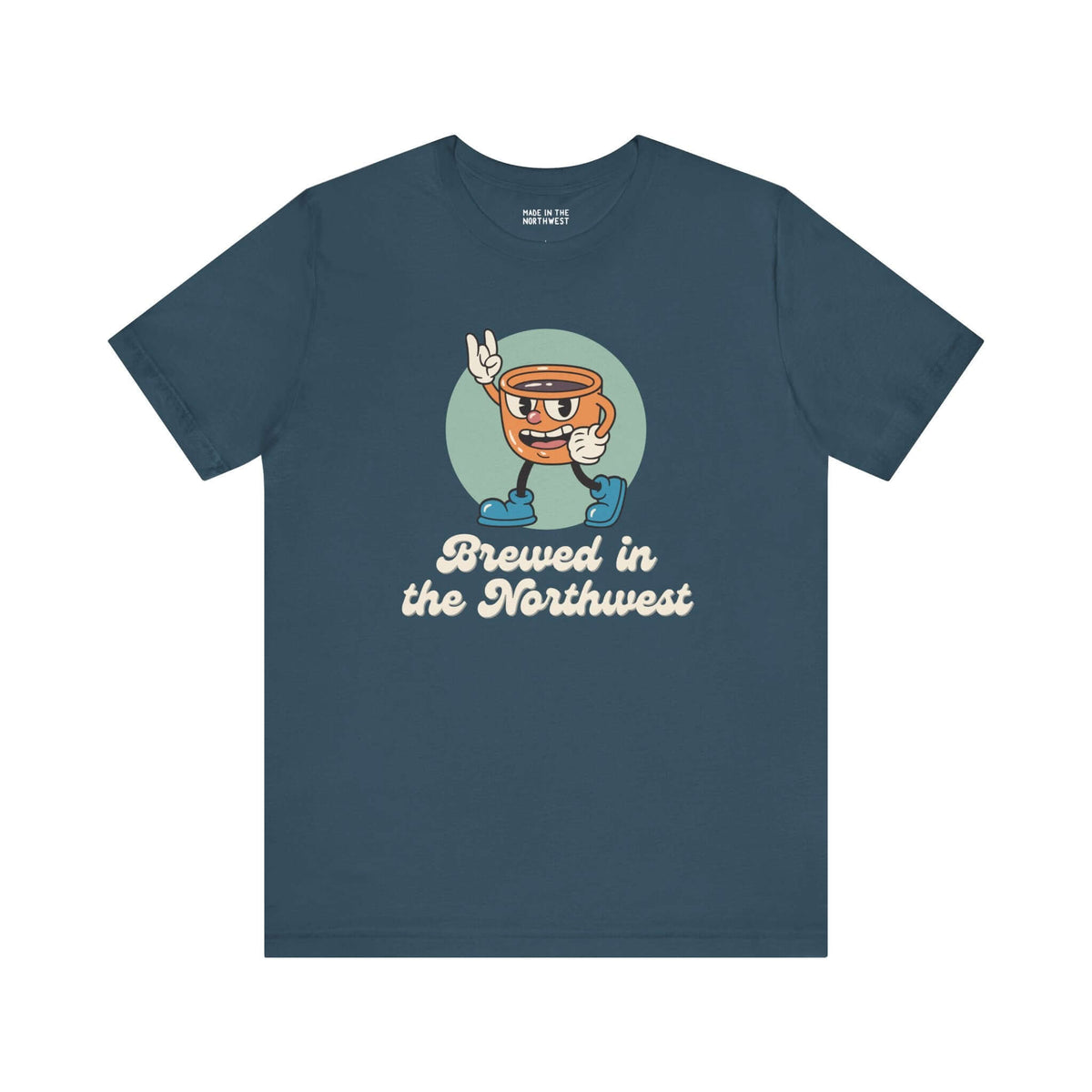 Brewed in the Northwest premium soft tee featuring a coffee cup mascot, perfect for PNW coffee lovers.