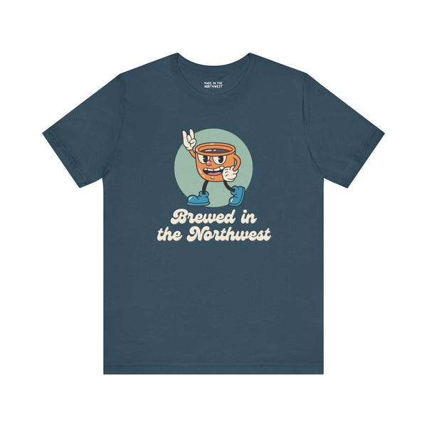 Brewed in the Northwest premium soft tee featuring a coffee cup mascot, perfect for PNW coffee lovers.