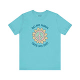 Do No Harm, Take No Sh!t Premium Soft Tee with peace flower design in vibrant turquoise, perfect for strong, kind vibes.