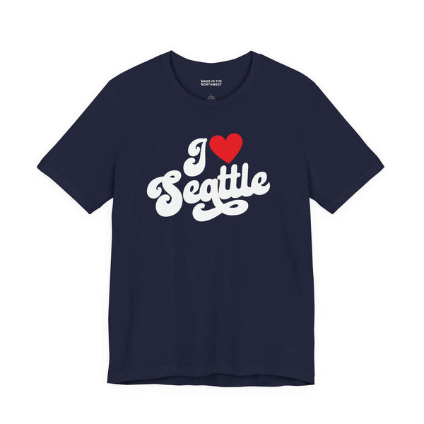 I love Seattle t shirt featuring a cursive design on a navy blue background.