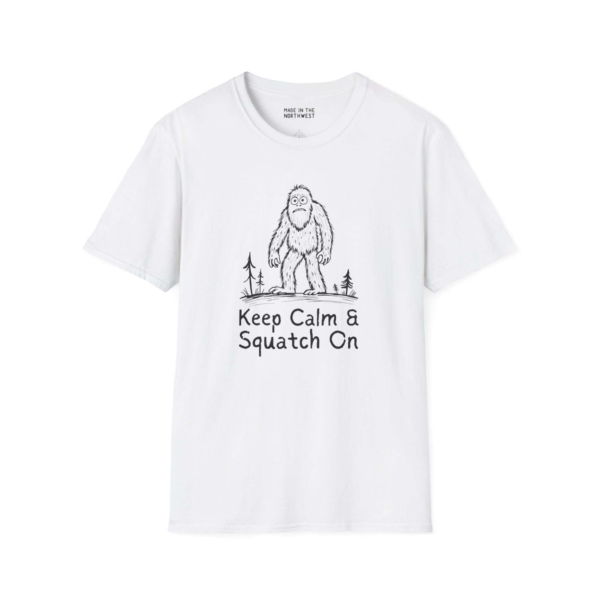 White Bigfoot t-shirt featuring 'Keep Calm & Squatch On' design, perfect for Sasquatch enthusiasts.