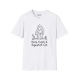 White Bigfoot t-shirt featuring 'Keep Calm & Squatch On' design, perfect for Sasquatch enthusiasts.