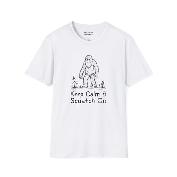 White Bigfoot t-shirt featuring 'Keep Calm & Squatch On' design, perfect for Sasquatch enthusiasts.
