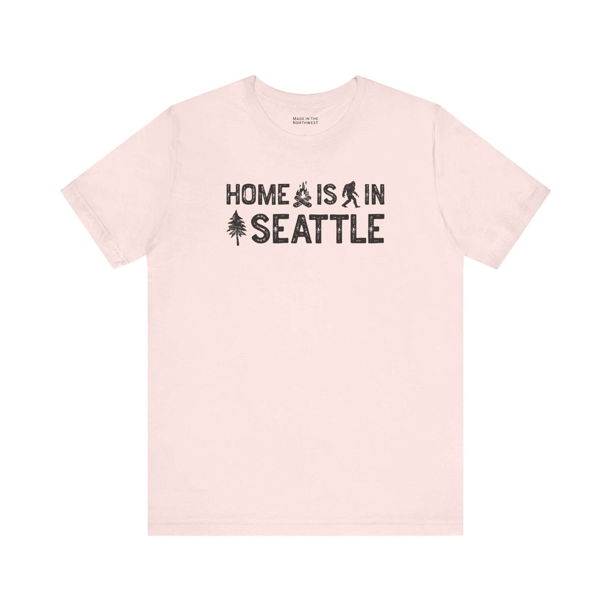 Home Is in Seattle Tee featuring the phrase 'Home is in Seattle' with graphics, showcasing PNW style.