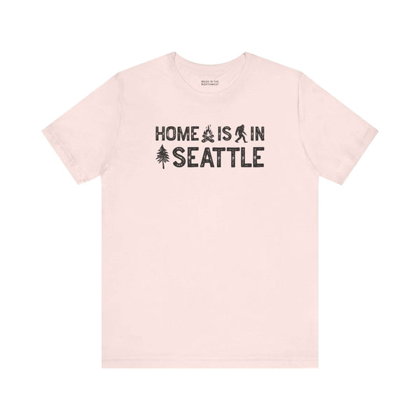 Home Is in Seattle Tee featuring the phrase 'Home is in Seattle' with graphics, showcasing PNW style.