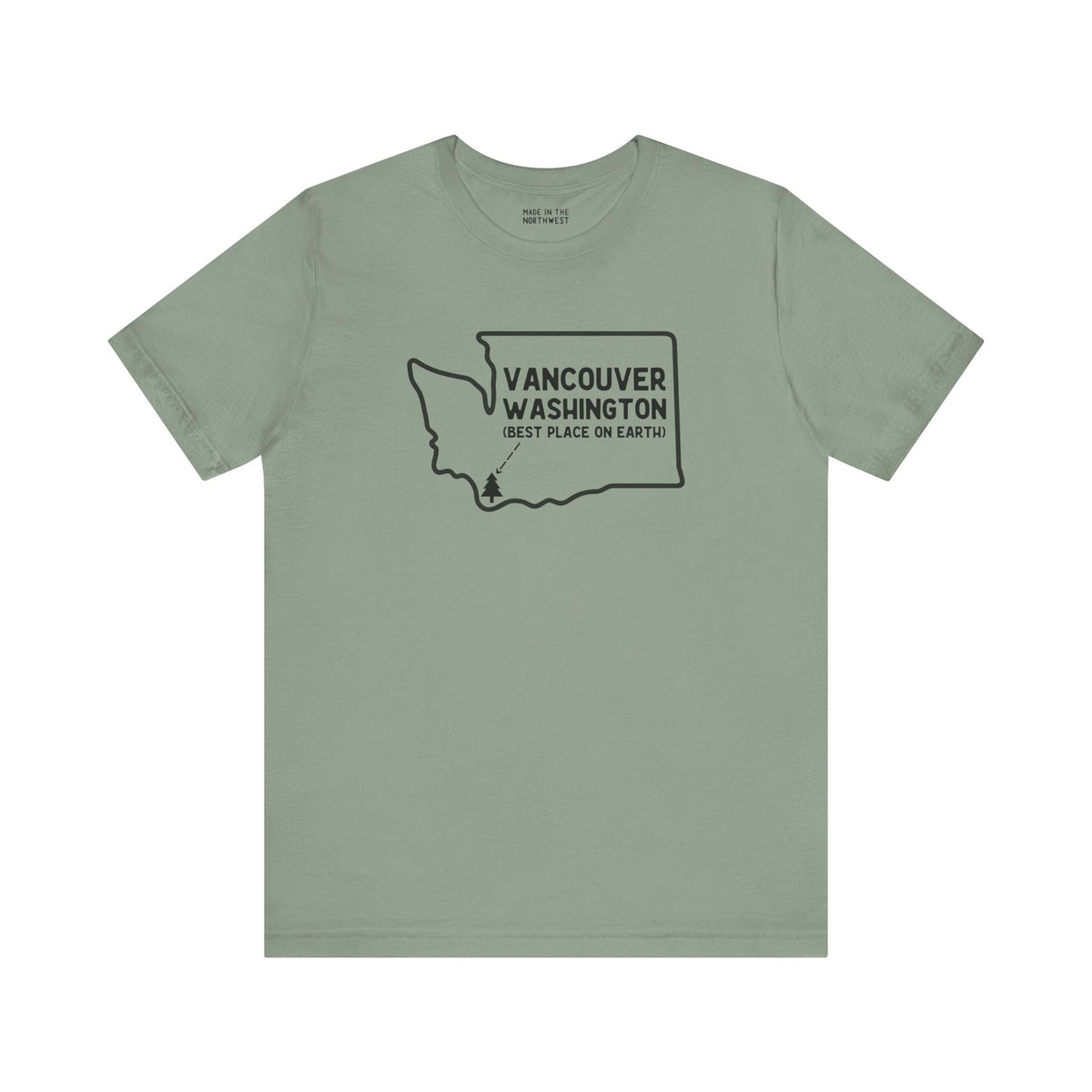 Vancouver Washington premium soft tee featuring state outline and tree icon, perfect for hometown pride.