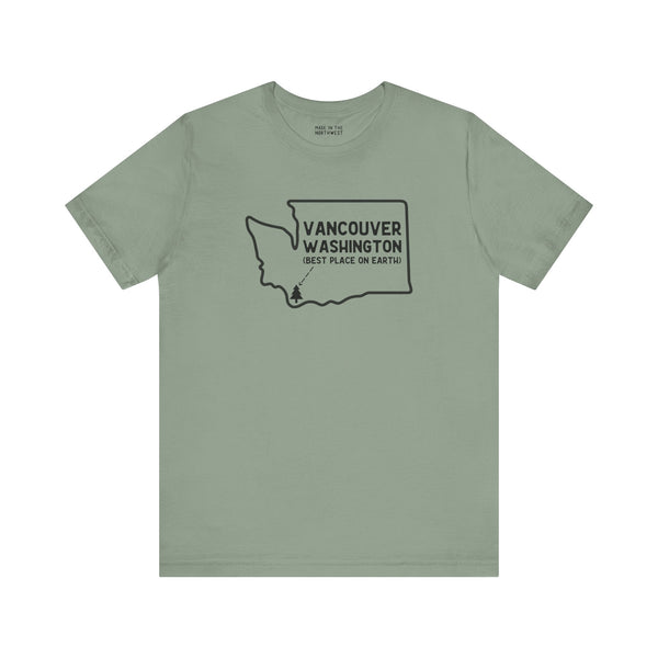 Vancouver Washington premium soft tee featuring state outline and tree icon, perfect for hometown pride.