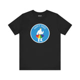 Black tee with white Bigfoot silhouette wearing rainbow tutu, waving with 