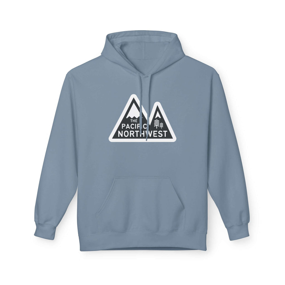 Pacific Northwest Heights Mountain Premium Midweight Hoodie in blue with mountain graphic design.